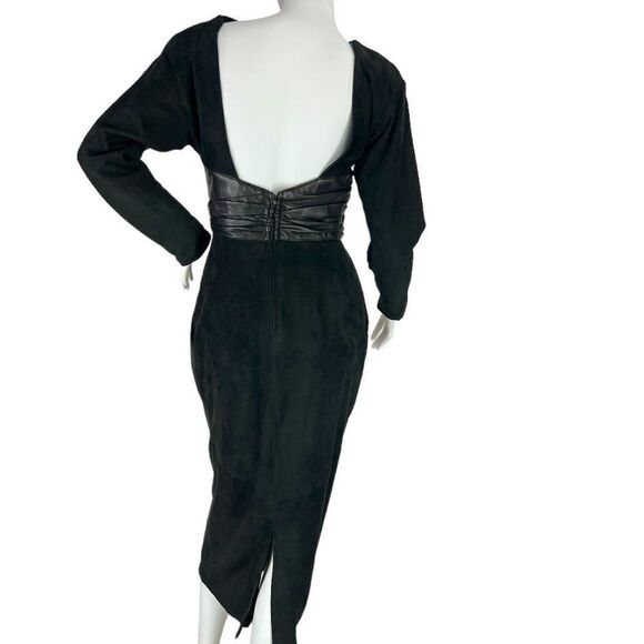Vakko Vintage 80s Black Suede & Leather Backless Long Sleeve Midi Dress, Size 6 - Picture 9 of 15